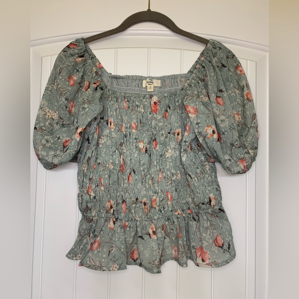 Floral Mint Peplum Balloon Sleeve Blouse Spring Off Shoulder